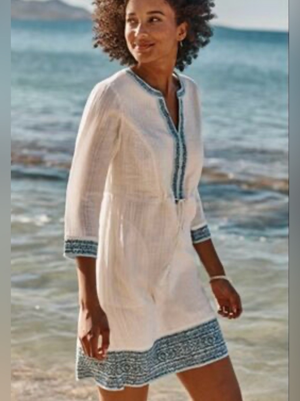 J Jill Gauzy Lined Ivory Dress XL Boho Drawstring Waist Blue Trim Pockets